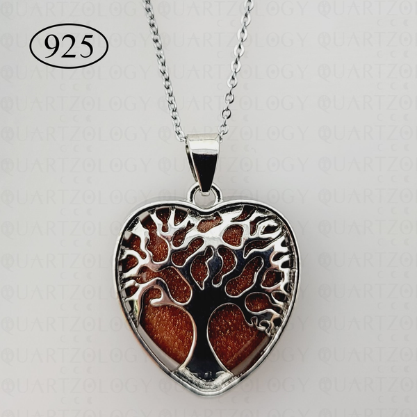 Sunstone Tree of Life Heart Pendant 925 Sterling Silver Chain