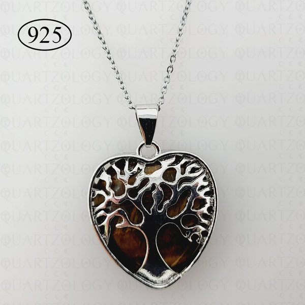 Tigers Eye Tree of Life Heart Pendant 925 Sterling Silver Chain