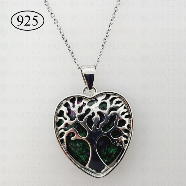 Ruby Zoisite Tree of Life Heart Pendant 925 Sterling Silver Chain