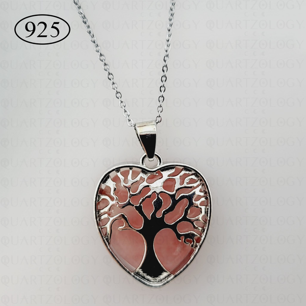 Cherry Quartz Tree of Life Heart Pendant 925 Sterling Silver Chain