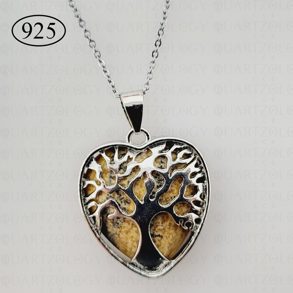 Picture Jasper Tree of Life Heart Pendant 925 Sterling Silver Chain