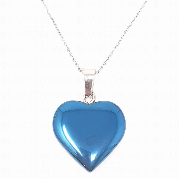 Blue Hematite Heart Necklace Pendant & 925 Sterling Silver Chain
