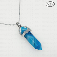 Blue Agate Hexagon Pendant 925 Sterling Silver Chain