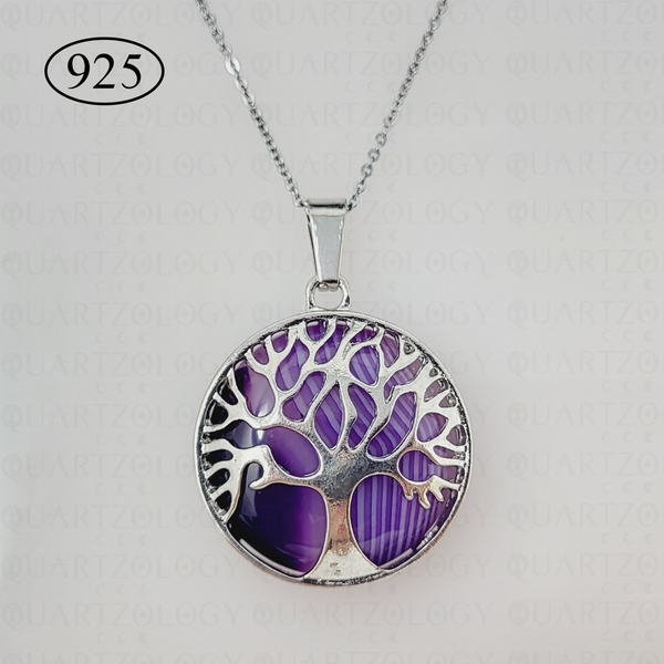 Purple Agate Tree of Life Pendant & 925 Sterling Silver Chain