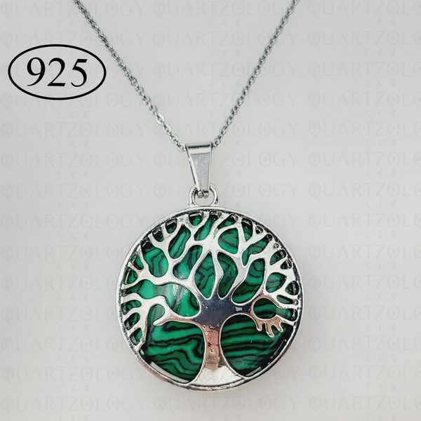 Malachite Tree of Life Pendant & 925 Sterling Silver Chain