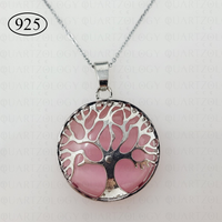 Pink Cats Eye Tree of Life Pendant & 925 Sterling Silver Chain