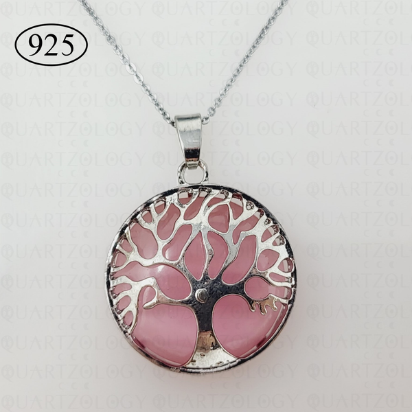 Pink Cats Eye Tree of Life Pendant & 925 Sterling Silver Chain