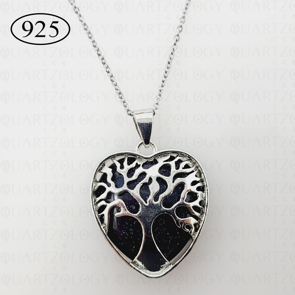 Blue Goldstone Tree of Life Heart Pendant 925 Sterling Silver Chain