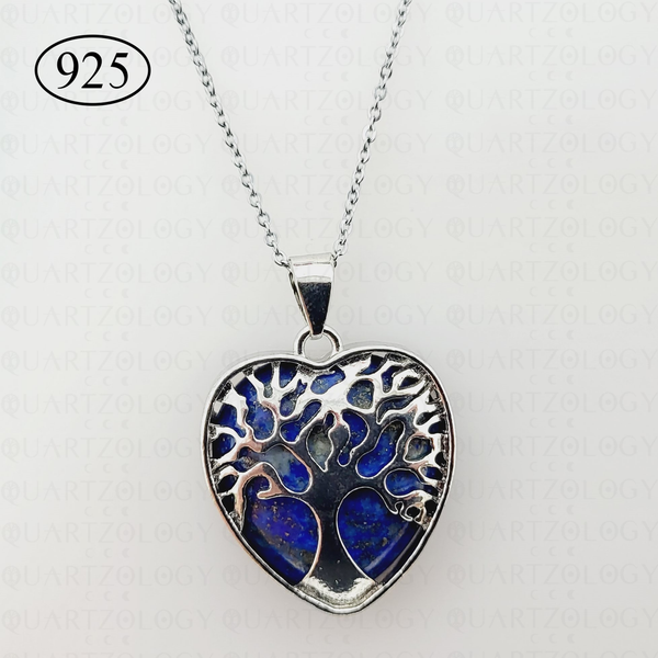 Lapis Lazuli Tree of Life Heart Pendant 925 Sterling Silver Chain