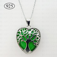 Green Jade Tree of Life Heart Pendant 925 Sterling Silver Chain