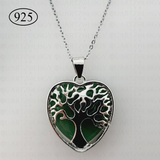 Green Aventurine Tree of Life Heart Pendant 925 Sterling Silver Chain