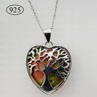 Unakite Jasper Tree of Life Heart Pendant 925 Sterling Silver Chain