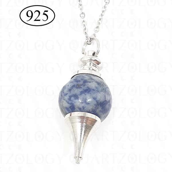 Sodalite Crystal Pointed Sphere Necklace on 925 Sterling Silver Chain